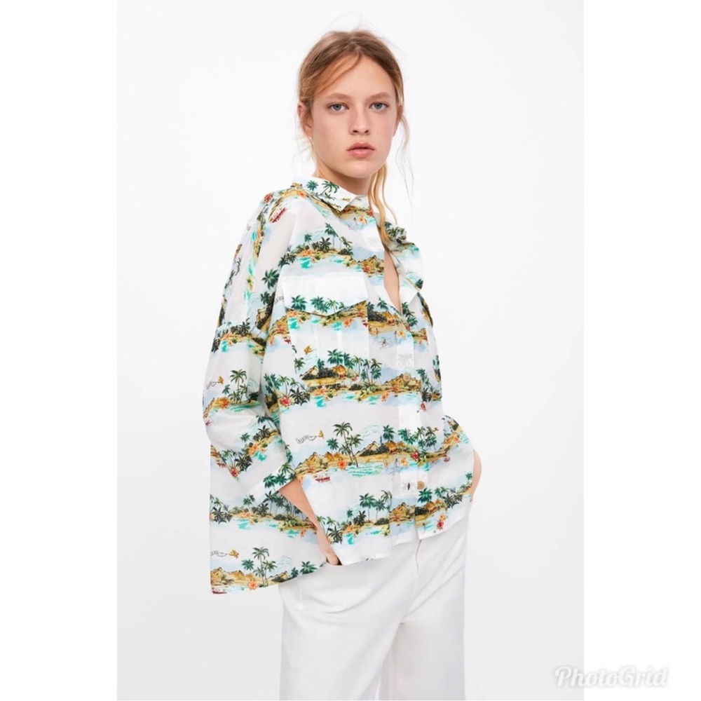 Zara Women Palm Tree Hawaii Aloha Print Boxy Shirt Relaxed Vacation‎ Cotton XS